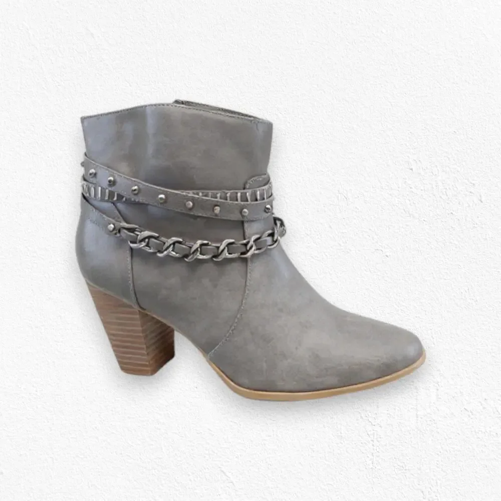 Jennifer Lopez Taupe Chain Studded Block Heel Ankle Booties Size 7.5 Edgy Glam